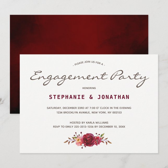 Invitación Burgundy Marsala Red Roses Floral Engagement (Anverso / Reverso)