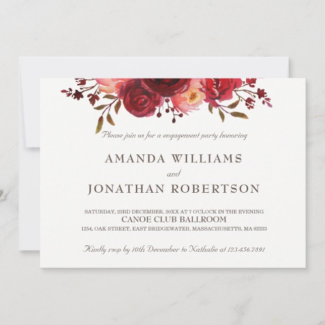 Invitación Burgundy Marsala Red Roses Floral Engagement Party (Anverso)