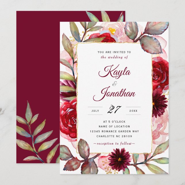 Invitación Burgundy Marsala Rosa Gold y Boda de Rubor (Anverso / Reverso)