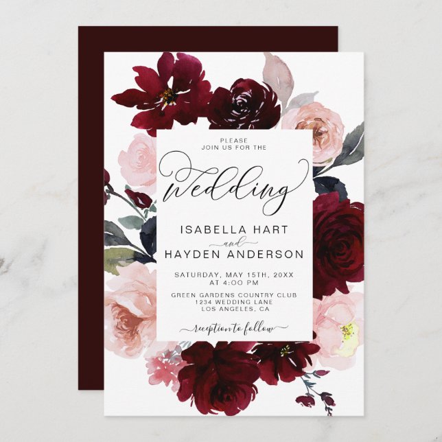 Invitación Burgundy Marsala Rubor Dusty Boda Floral Rosa (Anverso / Reverso)