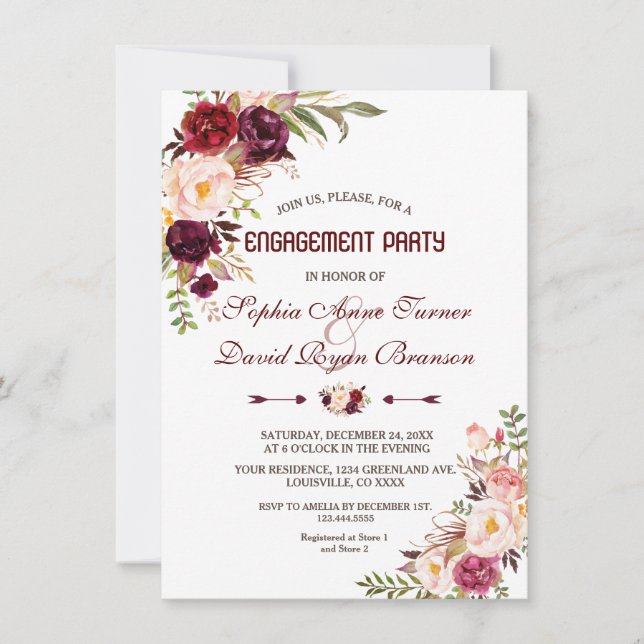 Invitación Burgundy Marsala Rubor Floral Engagement Party (Anverso)