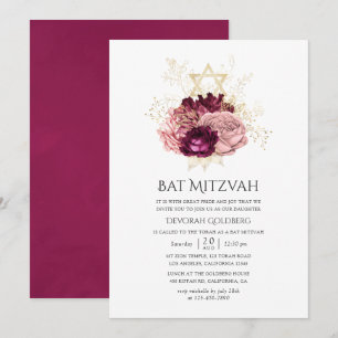 Invitación Burgundy Marsala Rubor Rosa y Oro Bat Mitzvah