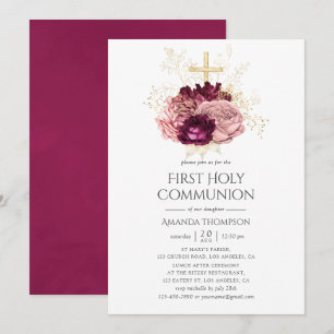 Invitación Burgundy Marsala Rubor Rosa y Oro Primera Comunión
