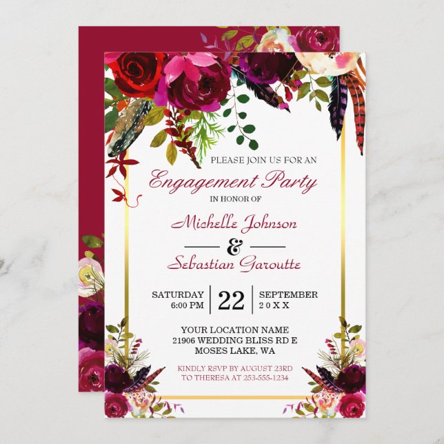Invitación Burgundy Marsala Rustic Floral Engagement Party (Anverso / Reverso)