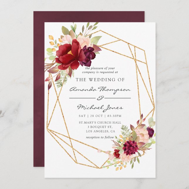 Invitación Burgundy-Marsala y Boda Geométrico de Rubor Boho (Anverso / Reverso)