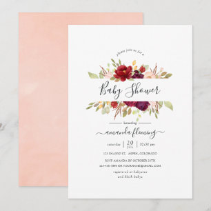 Invitación Burgundy - Marsala y Floral Rosado Baby Shower