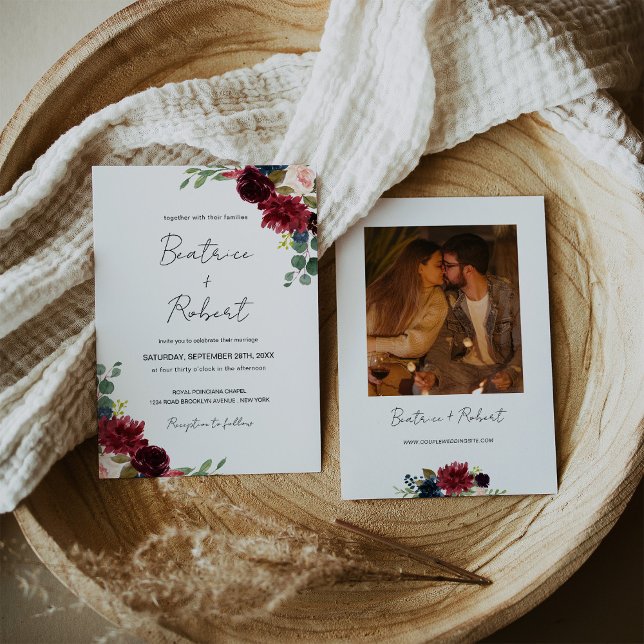 Invitación Burgundy Marsala y foto de Boda floral rosa de Rub (Burgundy Marsala & Blush Pink Floral Wedding Photo Invitation)
