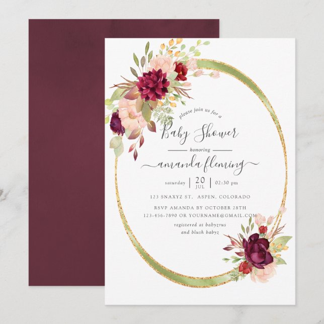 Invitación Burgundy-Marsala y Rubor Geometric Baby Shower (Anverso / Reverso)