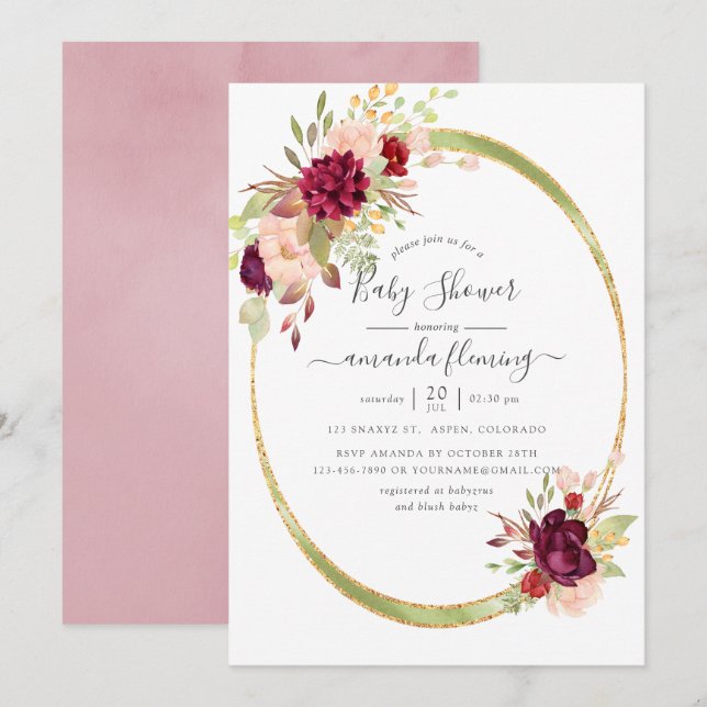Invitación Burgundy-Marsala y Rubor Geometric Baby Shower (Anverso / Reverso)