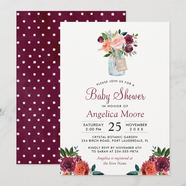 Invitación Burgundy Mason Jar Floral Polka Dots Baby Shower (Anverso / Reverso)