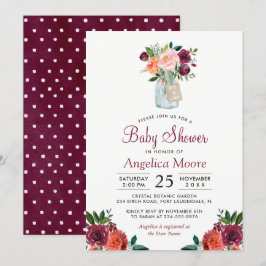 Invitación Burgundy Mason Jar Floral Polka Dots Baby Shower