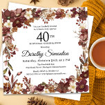 Invitación Burgundy Mauve Ivory Fall 40 cumpleaños<br><div class="desc">Las elegantes flores rojas burdeos, de color rosa malva y blanco marfil crean un marco floral muy bonito. Las bayas y ramas le dan un ambiente moderno y rústico de Boho. El nombre del celebrante de cumpleaños está escrito en un tipo de letra de escritura atemporal. Este artículo forma parte...</div>