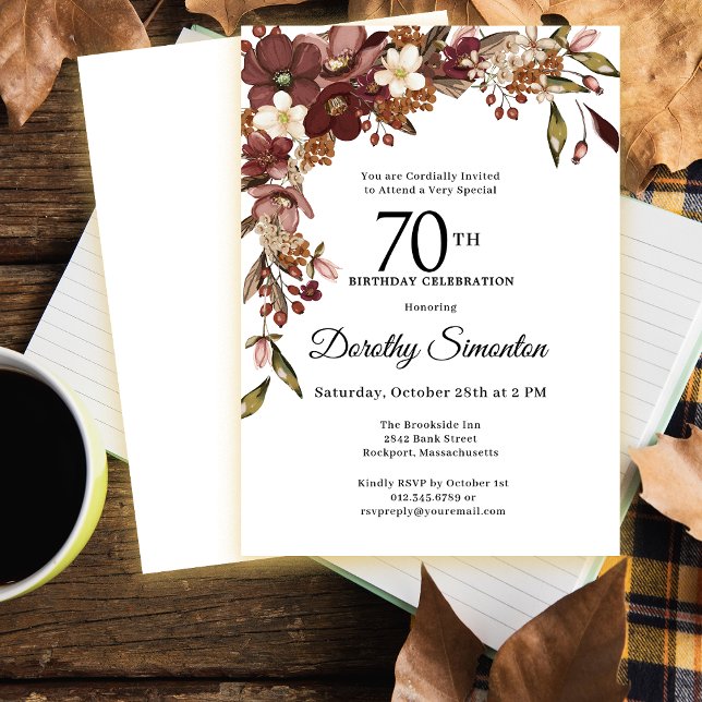 Invitación Burgundy Mauve Ivory Fall 70 cumpleaños (Need matching fall floral party supplies? Message me!)