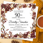 Invitación Burgundy Mauve Ivory Fall 90 cumpleaños<br><div class="desc">Las elegantes flores de color burdeos, malva y marfil crean un marco floral muy bonito. Las bayas y ramas le dan un ambiente moderno y rústico de Boho. El nombre del celebrante de cumpleaños está escrito en un tipo de letra de escritura atemporal. Este artículo forma parte de la colección...</div>