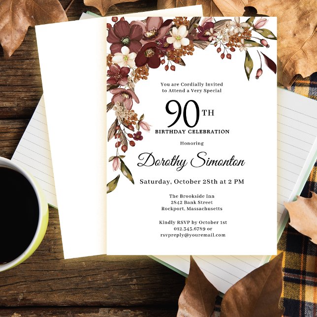 Invitación Burgundy Mauve Ivory Fall 90 cumpleaños (Need matching party supplies? Message me!)