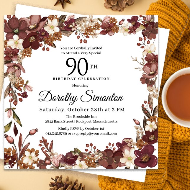Invitación Burgundy Mauve Ivory Fall 90 cumpleaños (Need matching party supplies? Message me!)