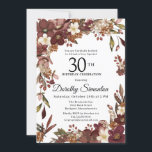 Invitación Burgundy Mauve Ivory Fall Floral 30 cumpleaños<br><div class="desc">Las elegantes flores de color burdeos, malva y marfil crean un marco floral muy bonito. Las bayas y ramas le dan un ambiente moderno y rústico de Boho. El nombre del celebrante de cumpleaños está escrito en un tipo de letra de escritura atemporal. Este artículo forma parte de la colección...</div>
