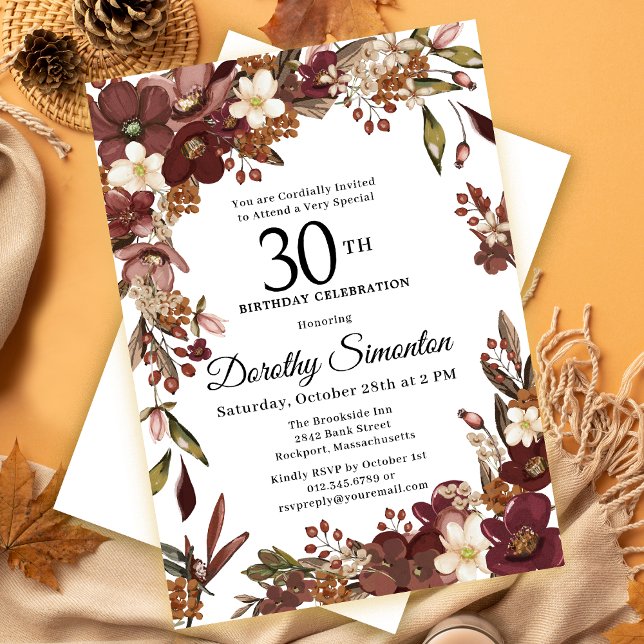 Invitación Burgundy Mauve Ivory Fall Floral 30 cumpleaños (Need matching fall flowers party supplies? Message me!)