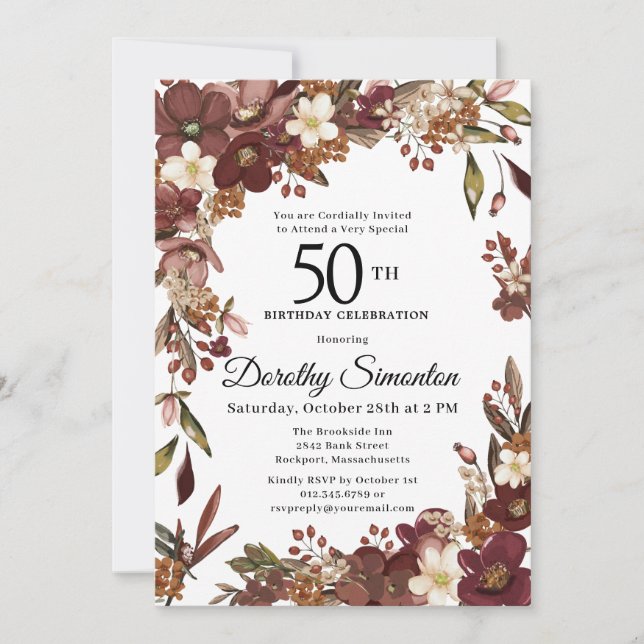 Invitación Burgundy Mauve Ivory Fall Floral 50 cumpleaños (Anverso)