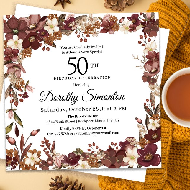 Invitación Burgundy Mauve Ivory Fall Floral 50 cumpleaños (Need matching party supplies? Message me!)