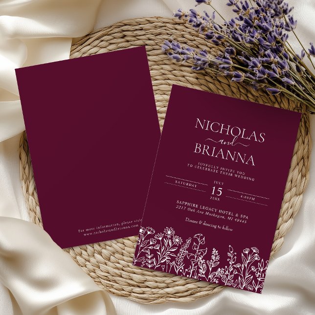 Invitación Burgundy Minimalist Wildflower Wedding Monogram  (Subido por el creador)