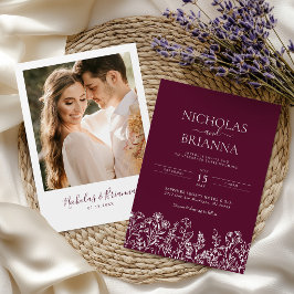 Invitación Burgundy Minimalist Wildflower Wedding Photo