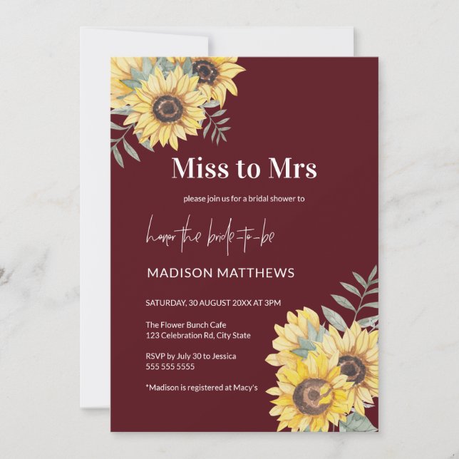 Invitación Burgundy Miss a la señora Sunflower Bridal Shower (Anverso)