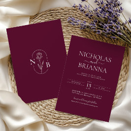 Invitación Burgundy Modern Minimalist Boho Wedding Monogram