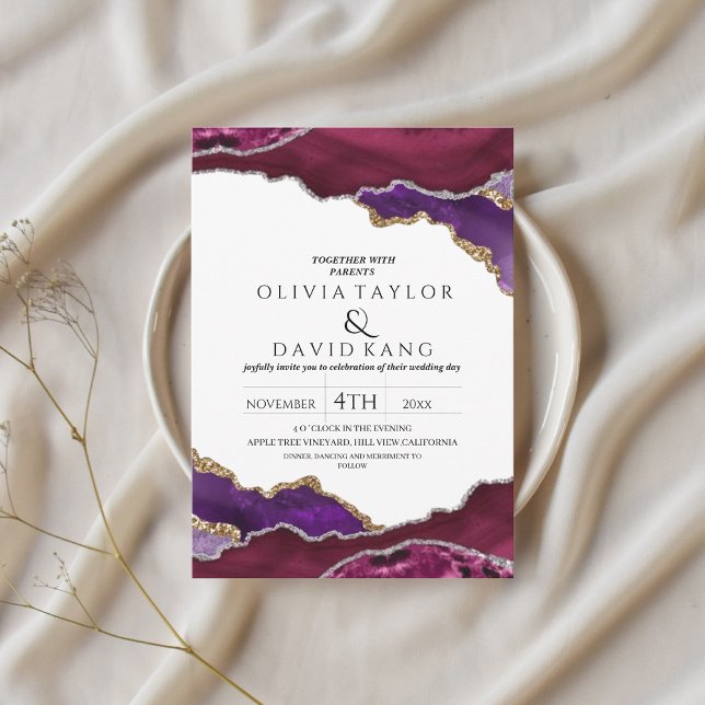 Invitación Burgundy moderno oro falso oro Purple mix Agate Bo (Subido por el creador)