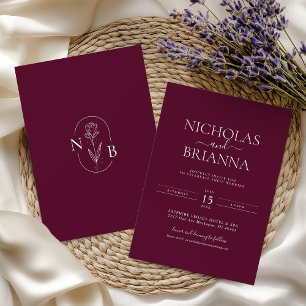 Invitación Burgundy Monograma Moderno Minimalista Boho Boda