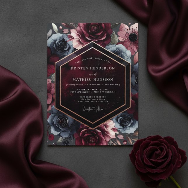 Invitación Burgundy Moody Bloom Romance Wedding (Subido por el creador)