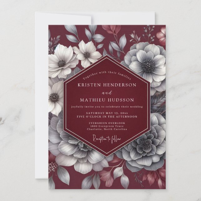 Invitación Burgundy Moody Bloom Romance Wedding (Anverso)