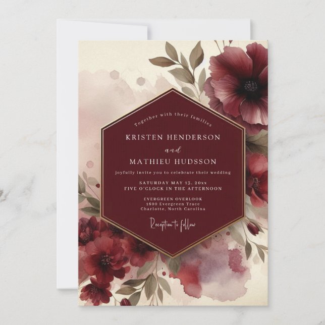 Invitación Burgundy Moody Bloom Wedding (Anverso)