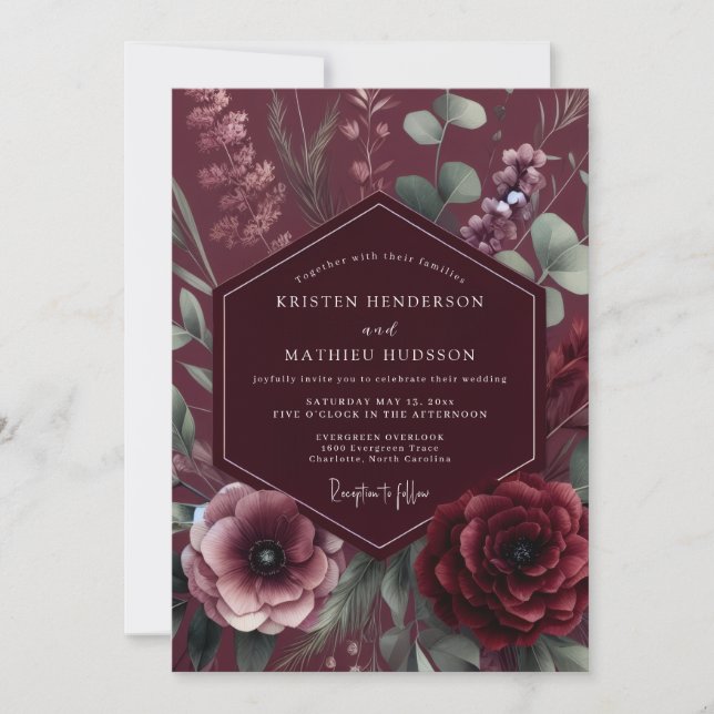 Invitación Burgundy Moody Botanical Romance Wedding (Anverso)