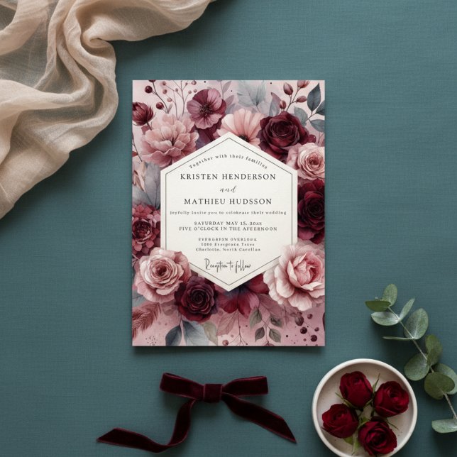 Invitación Burgundy Moody Floral Romance Wedding (Subido por el creador)