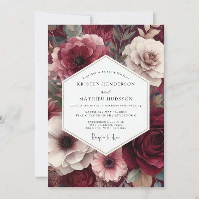 Invitación Burgundy Moody Floral Wedding (Anverso)
