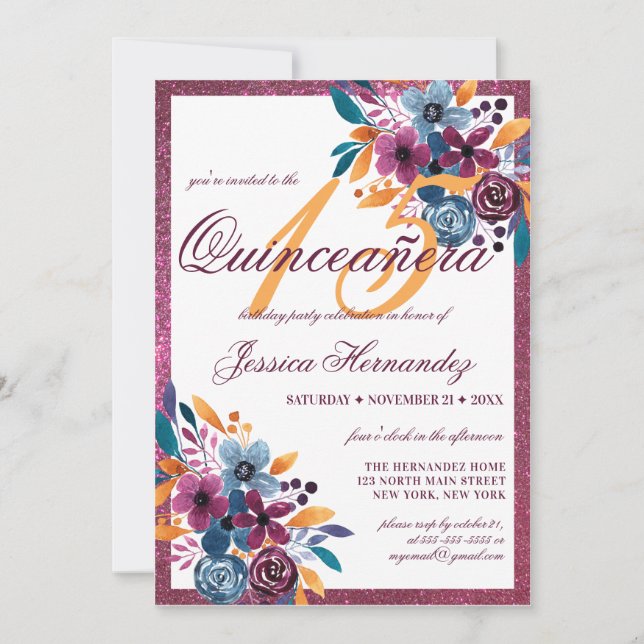Invitación Burgundy Mustard Watercolor Flor Quinceañera (Anverso)