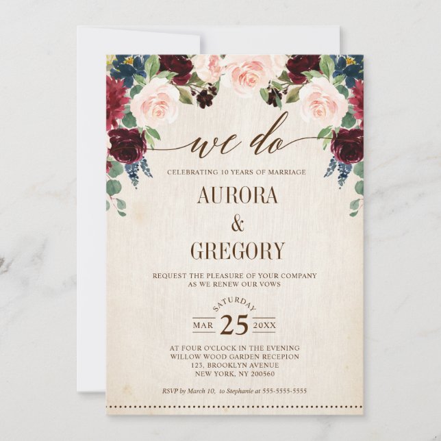 Invitación Burgundy Naval Floral Rustic Country We Do (Anverso)