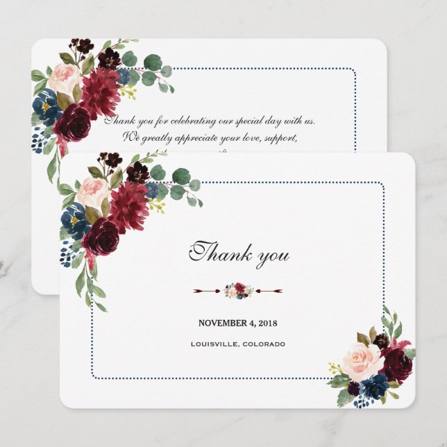 Invitación Burgundy Navy Azul Floral Marco Boda Gracias (Anverso / Reverso)