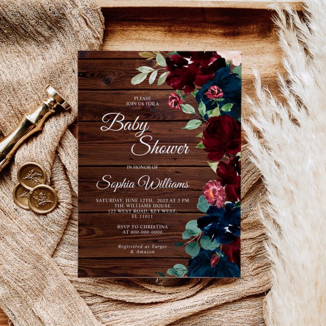 Invitación Burgundy & Navy Blue Flowers Wood Baby Shower (Subido por el creador)