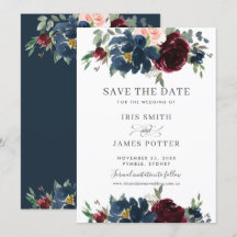Burgundy Navy Blush Floral Boda Guardar la Fecha