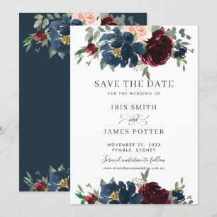 Invitación Burgundy Navy Blush Floral Boda Guardar la Fecha