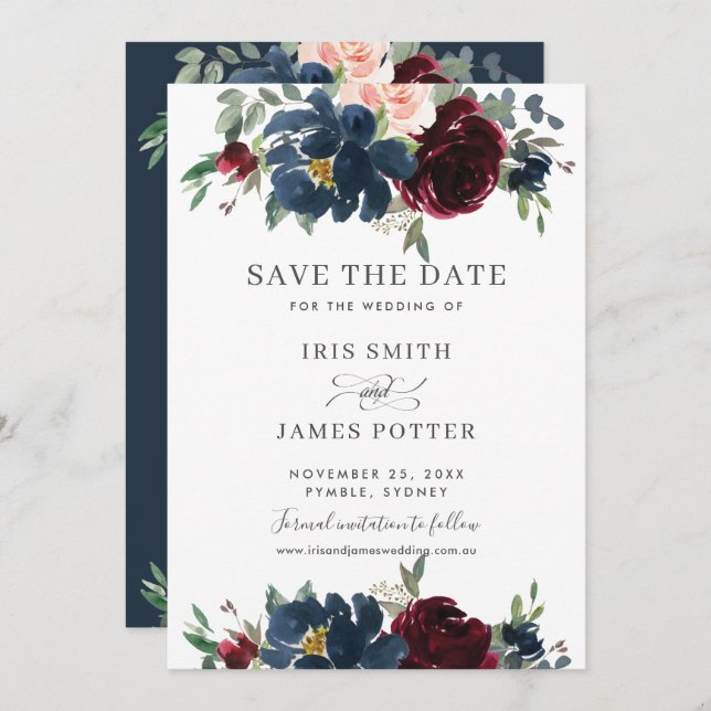 Invitación Burgundy Navy Blush Floral Boda Save the Date (Anverso / Reverso)