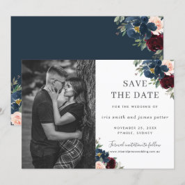 Invitación Burgundy Navy Blush Floral Foto Guardar la Fecha