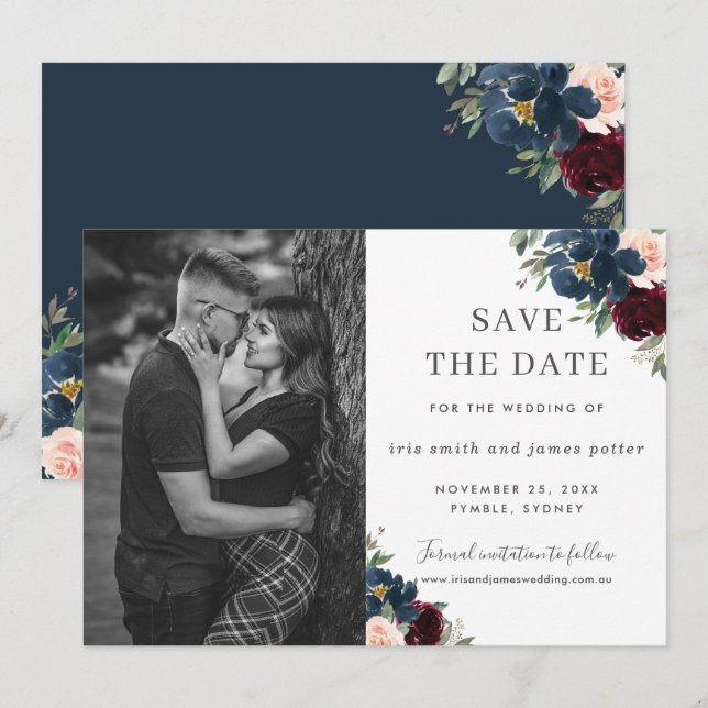 Invitación Burgundy Navy Blush Floral Foto Save the Date (Anverso / Reverso)