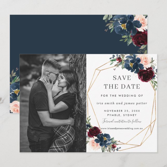 Invitación Burgundy Navy Blush Floral Foto Save the Date (Anverso / Reverso)