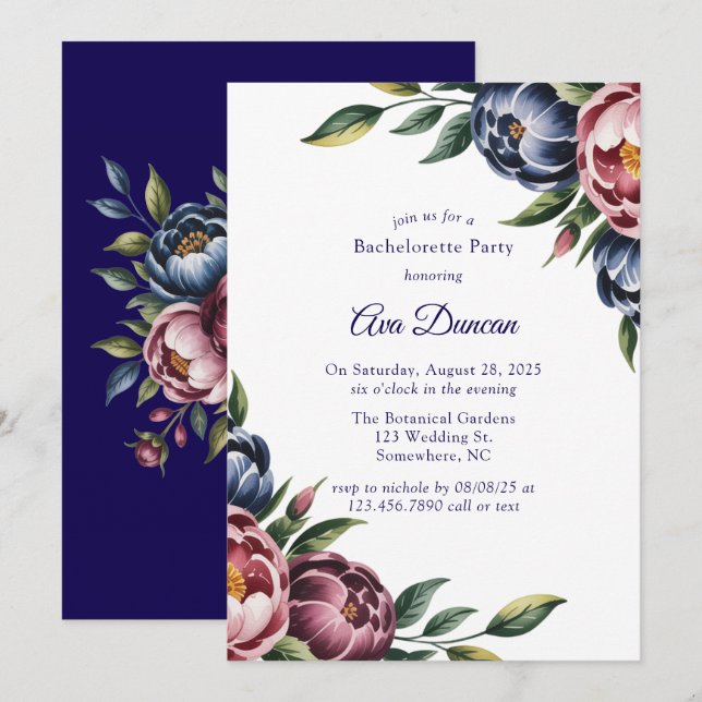 Invitación Burgundy Navy Blush Peony Bachelorette Party (Anverso / Reverso)