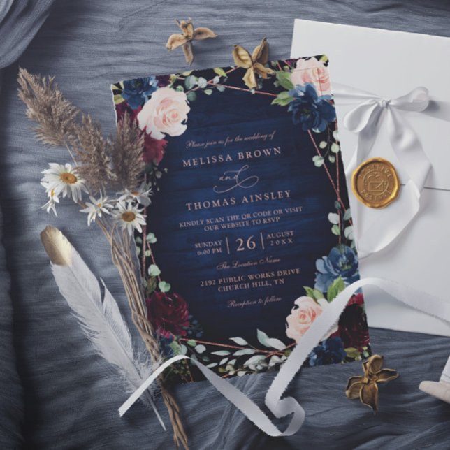 Invitación Burgundy Navy Blush Rose Gold QR Code Wedding (Subido por el creador)