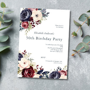Invitación Burgundy Navy Crema Floral Acuarela 50 Cumpleaños