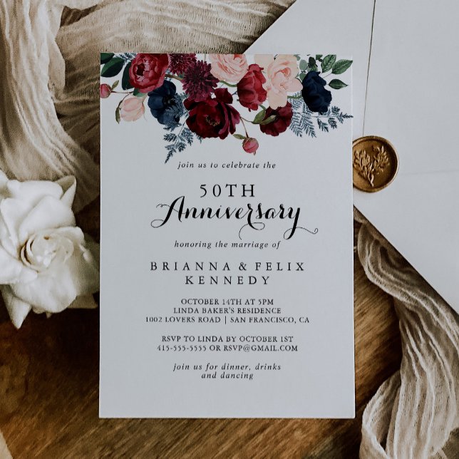 Invitación Burgundy Navy Floral 50 Aniversario de Bodas  (Subido por el creador)